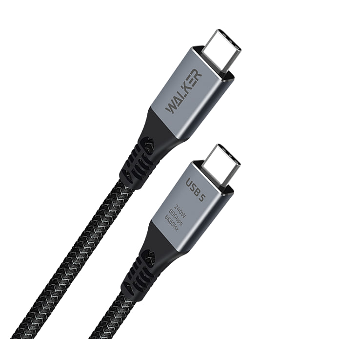USB кабель "WALKER" C996, 240W, 80Гб/с, Type-C-Type-C, совместим с Thunderbolt 5, PD, нейлон, черный