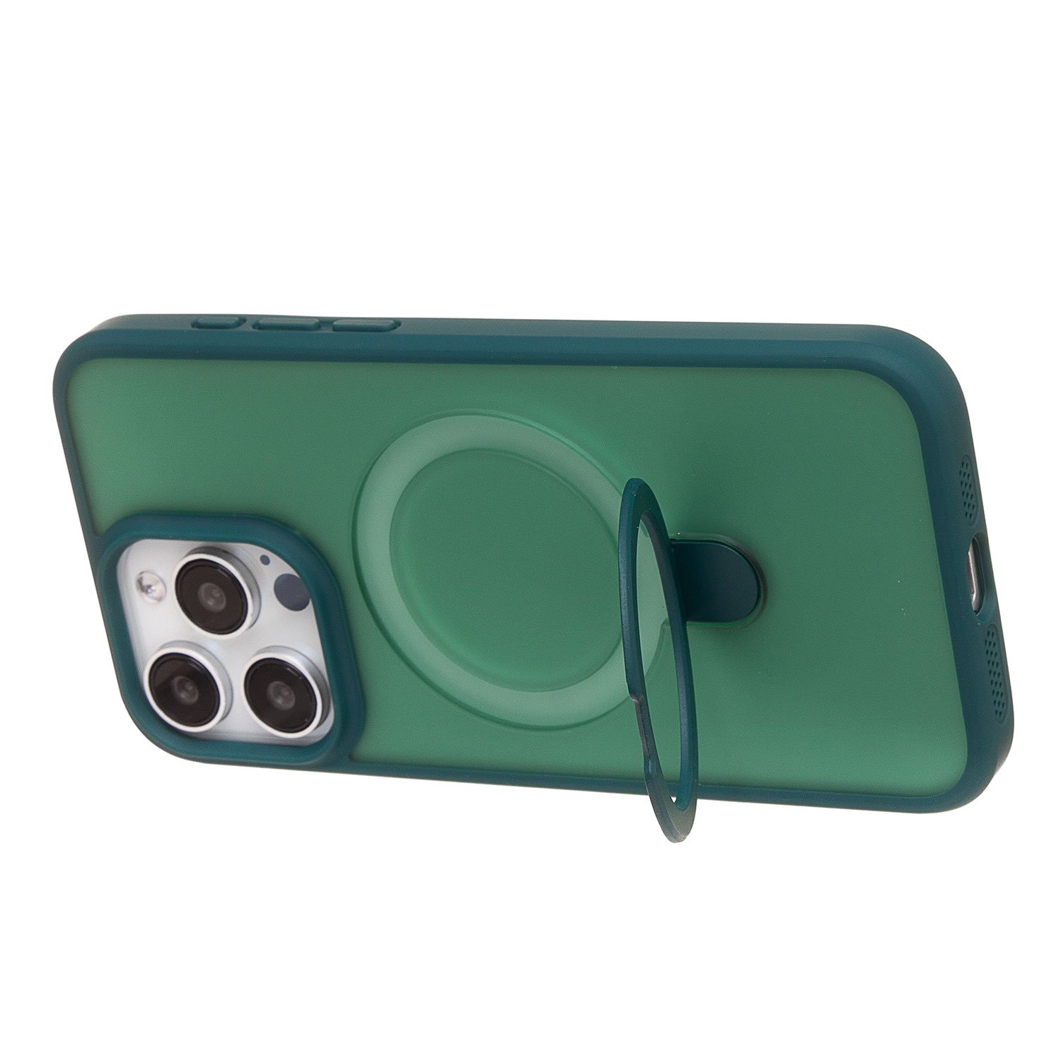 Чехол силиконовый MagSafe iPhone 15 Pro Max, с кольцом подставкой, темно-зеленый