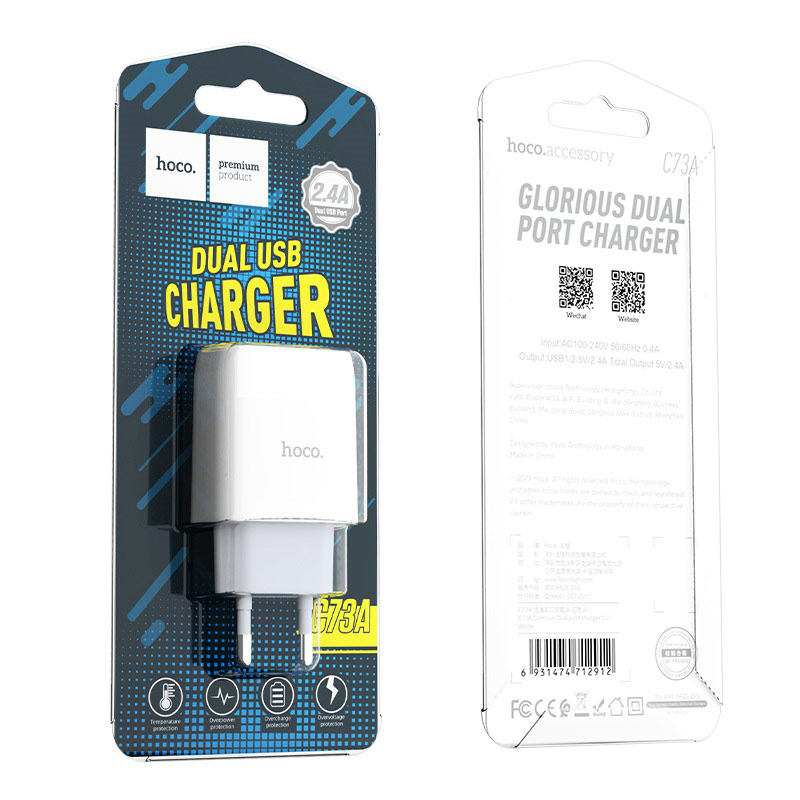Сетевой адаптер HOCO C73A 2USB (2.4A), белый