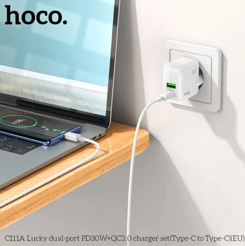 Сетевой адаптер HOCO C111A Lucky dual-port PD30W+QC3.0 charger, белый