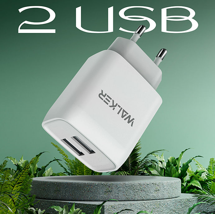 Сетевой адаптер WALKER WH-31, 2.1А, 10,5Вт, USB + 2, белый