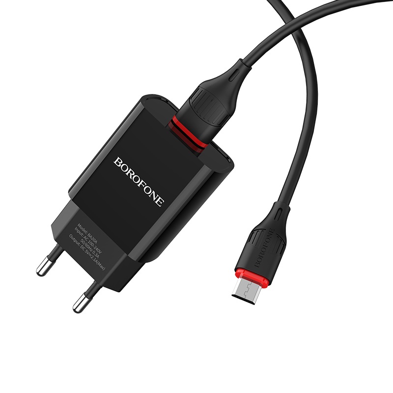 Сетевой адаптер BOROFONE BA20A (1 USB, 2.1A) с кабелем Micro, черный