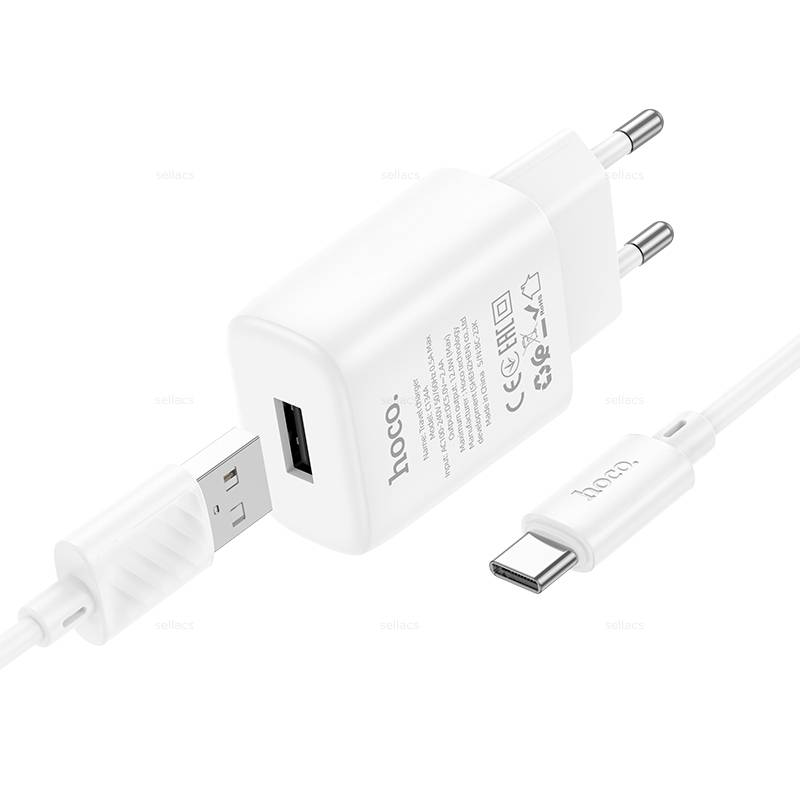 Сетевой адаптер HOCO C134A Solid single port charger 2.4A с кабелем Type-C, белый