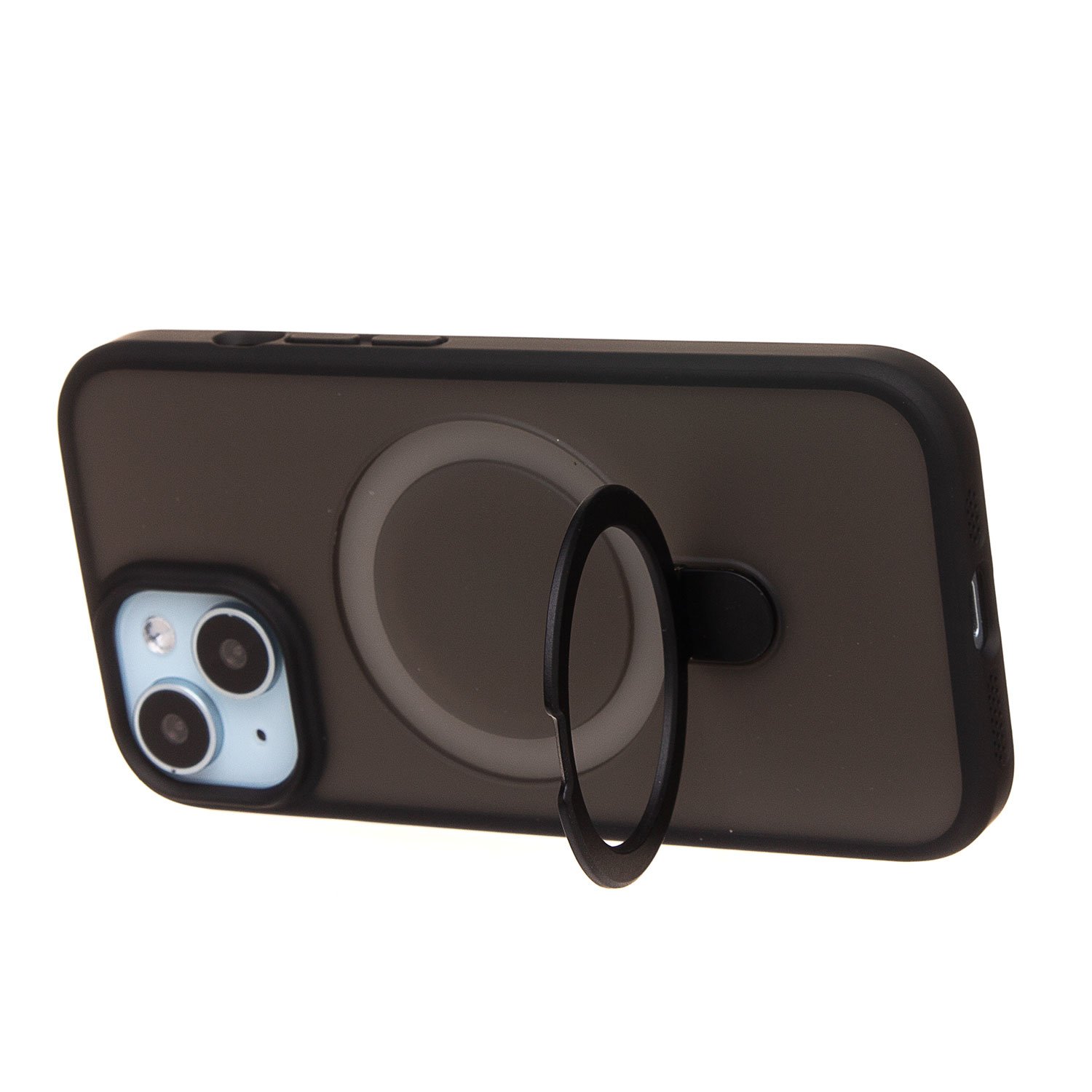 Чехол силиконовый MagSafe iPhone 15, с кольцом подставкой, черный