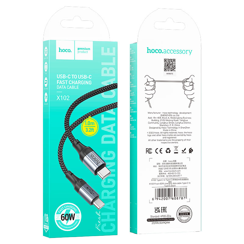 USB-C кабель HOCO X102 Type-C to Type-C (3A, PD 60W, 100см), нейлон, черный