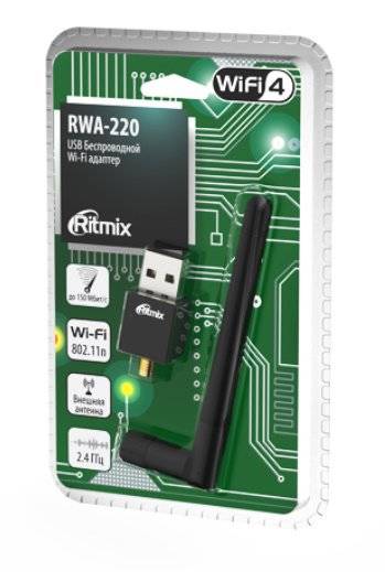 Адаптер Wi-Fi 150 Мбит/с Ritmix RWA-220 Wi-Fi 4; 2.4 ГГц; 802.11n