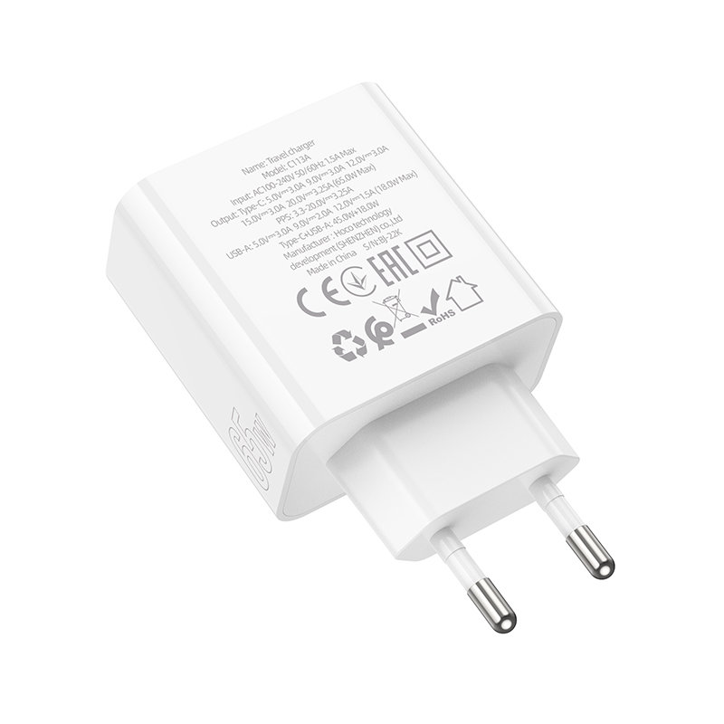 Сетевой адаптер HOCO C113A  Awesome PD65W dual port (1A1C) charger, белый