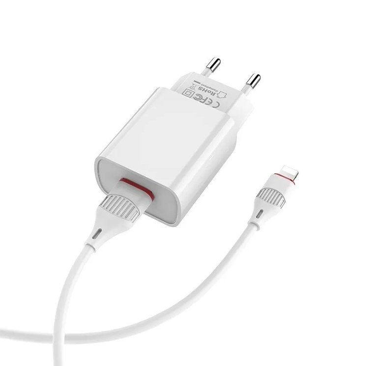 Сетевой адаптер BOROFONE BA20A (1 USB, 2.1A) с кабелем Lightning, белый.