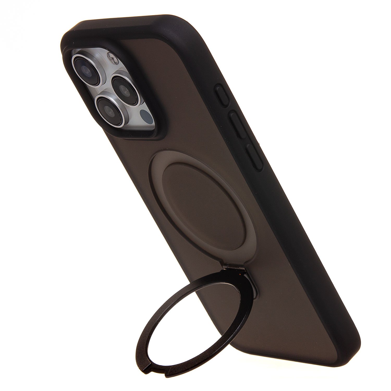 Чехол силиконовый MagSafe iPhone 15 Pro Max, с кольцом подставкой, черный