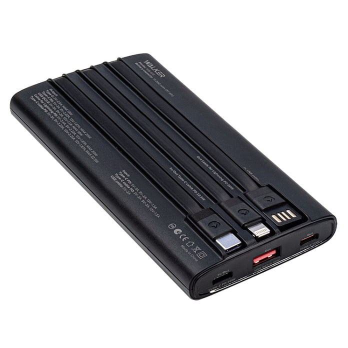 Внешний аккумулятор Power Bank 10000 mAh WALKER WB-615, 22,5W c 3 встроенными кабелями, черный