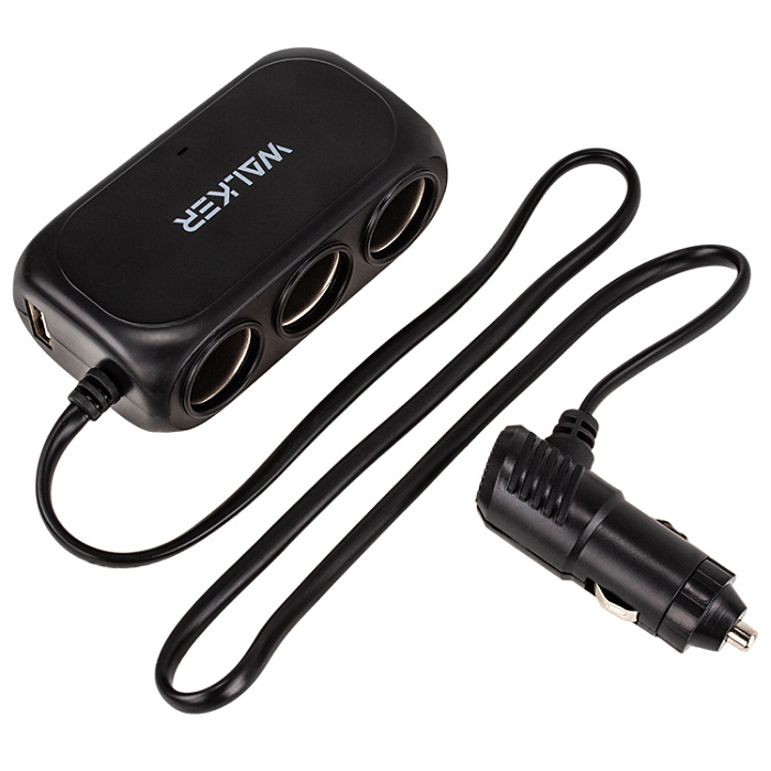 Разветвитель розетки автоприкуривателя WALKER WSC-23 (80BT, 3 гнезда, 2 USB 2.1A), черный