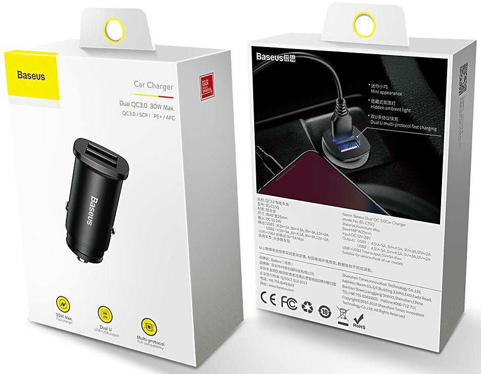 Автомобильный адаптер BASEUS Square metal (2 USB, 5A, 30W, QC3.0), черный