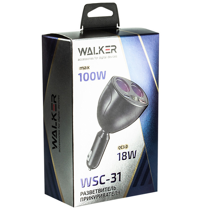 Разветвитель розетки автоприкуривателя WALKER WSC-31 (100BT, 2 гнезда, 2 USB) с дисплеем, черный