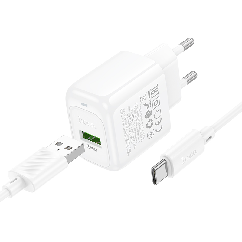 Сетевой адаптер HOCO CS52A, 1USB, QC3.0, 18W, 3A с кабелем Type-C, белый