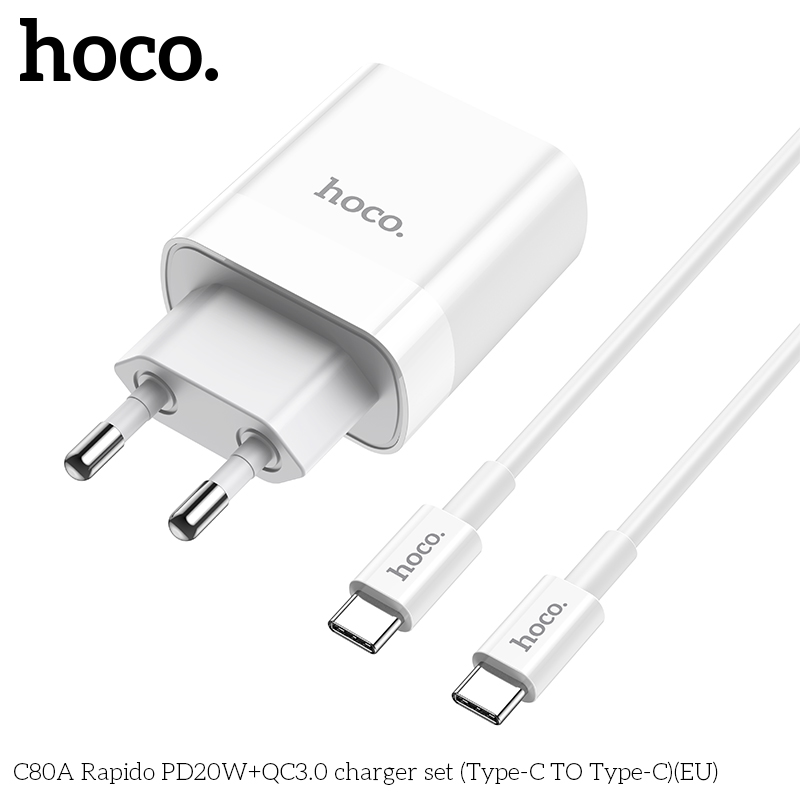 Сетевой адаптер HOCO C80A PD20W + QC3.0 с кабелем Type-C to Type-C белый