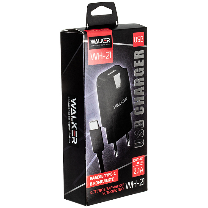 Сетевой адаптер WALKER 2в1 WH-21, 2.1А, 10,5Вт, USB, с кабелем Type-C, черное