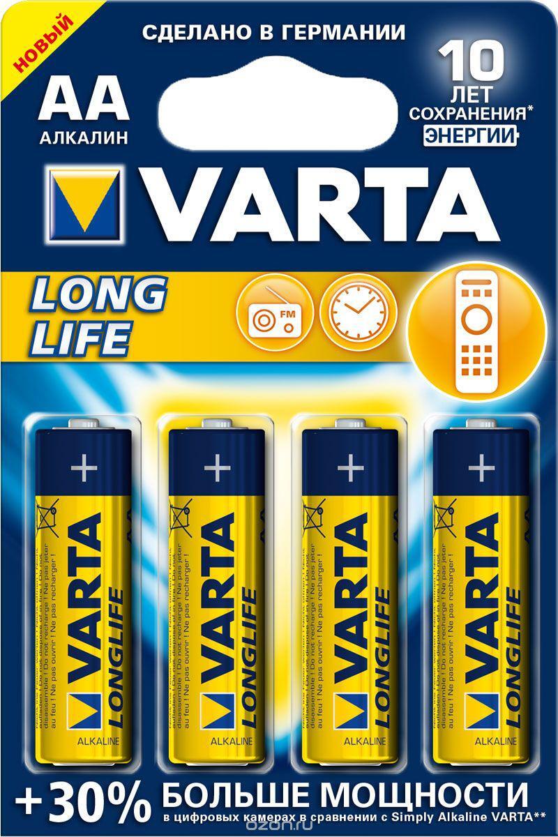Батарейка Varta LR6/4BL LONGLIFE 4106 AA/пальчиковая (1.5v, алкалиновая) упаковка 4 шт