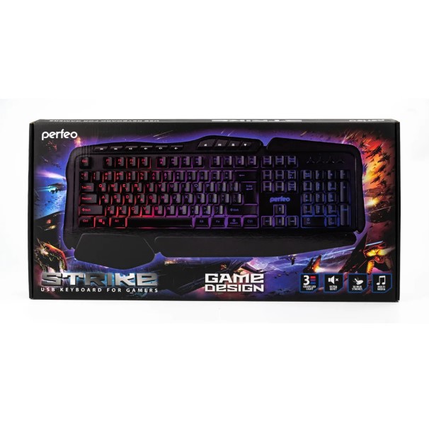 Клавиатура проводная игровая Perfeo (PF_A4390) Strike Multimedia с подсветкой, черная