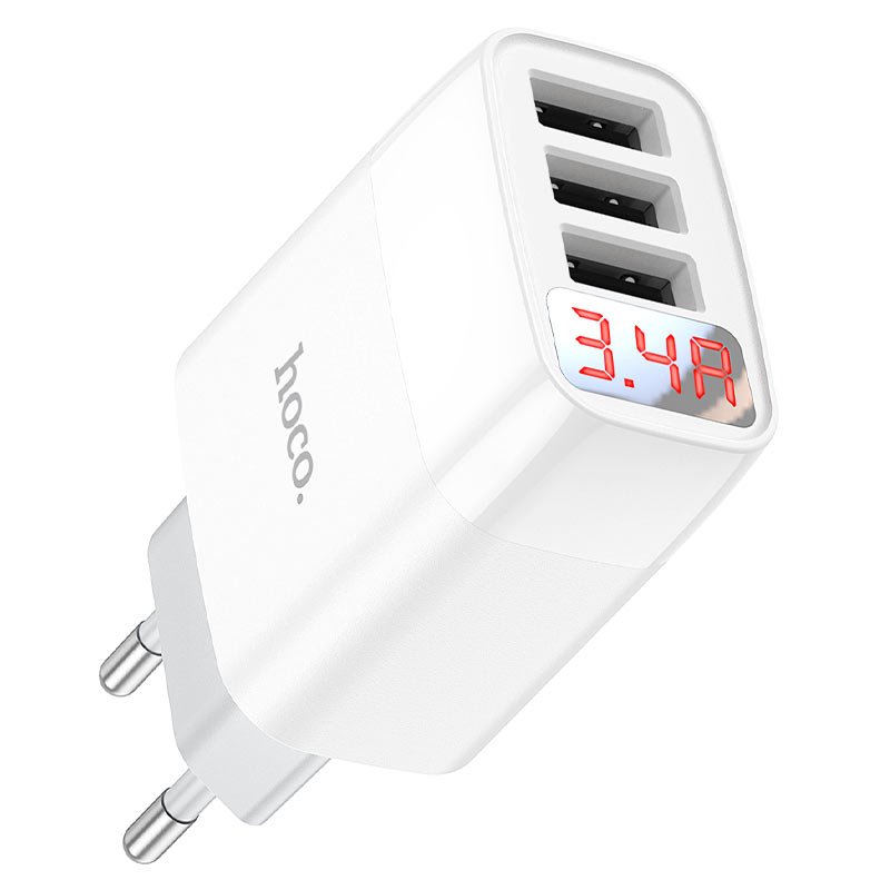 Сетевой адаптер HOCO C93A Easy charge 3USB, 2.4A, LED дисплей, белый