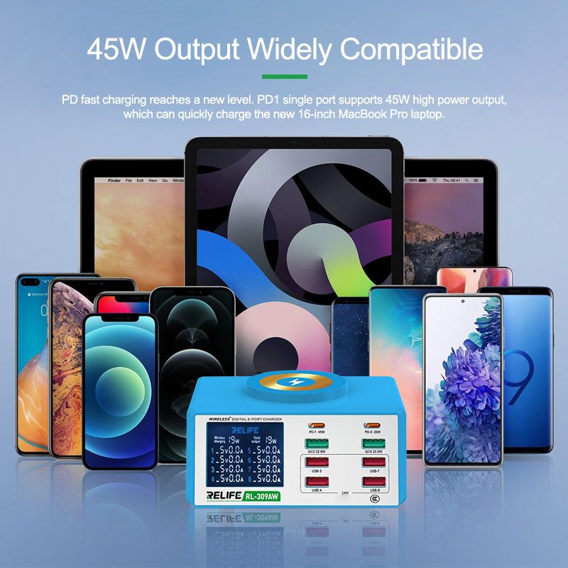 Источник питания RELIFE RL-309AW (6 портов USB + 2 Type-C + беспроводная зарядка)