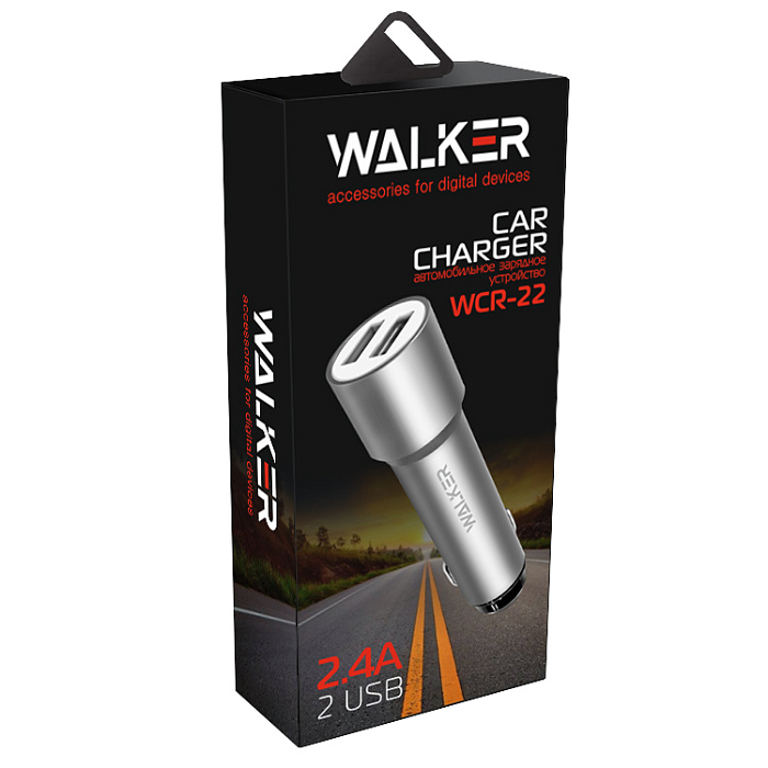 Автомобильный адаптер WALKER WCR-22 12W, 2USB (1000+2400) удлиненный корпус, серый