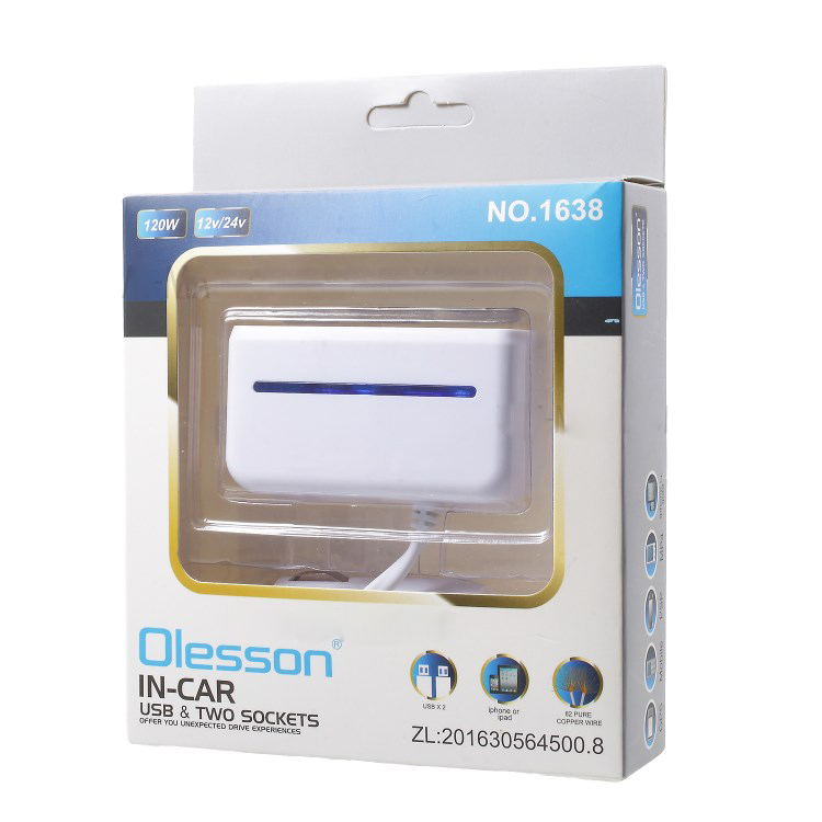 Разветвитель розетки автоприкуривателя OLESSON 1638 (2 гнезда, 2USB) на проводе, черный