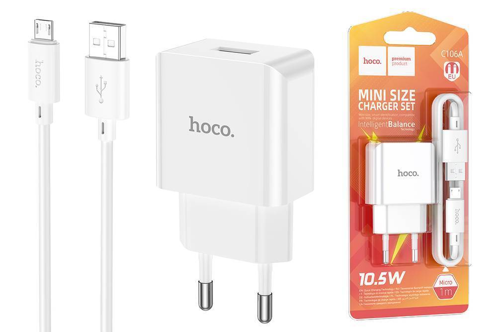 Сетевой адаптер HOCO C106A Leisure 2,1A/10W с кабелем Micro USB, белый