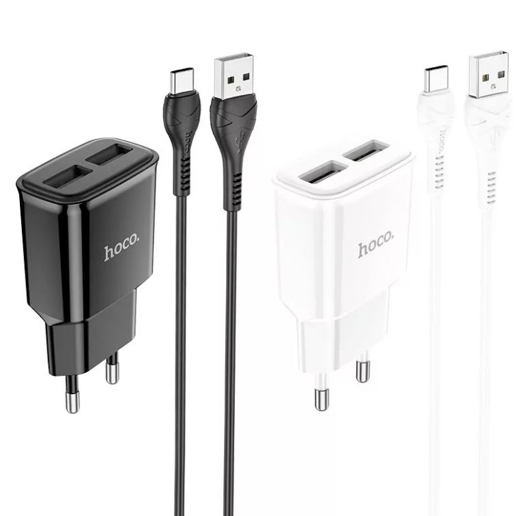 Сетевой адаптер HOCO C88A Star round (2.4A) 2 порта, набор с кабелем Type-C, белый