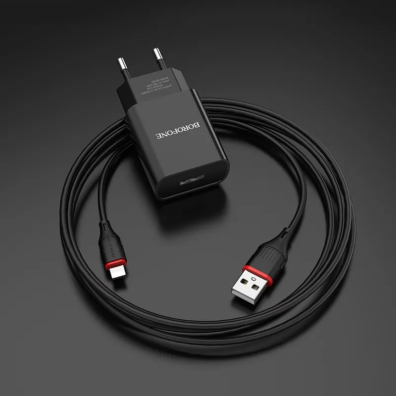 Сетевой адаптер BOROFONE BA20A (1 USB, 2.1A) с кабелем Lightning, черный