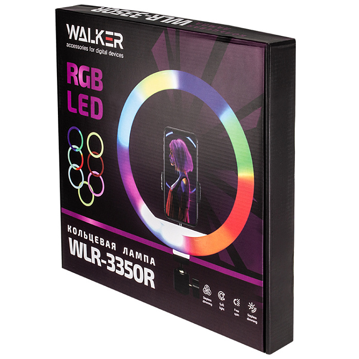 Кольцевая лампа (33см) c дepжaтeлем для cмapтфoнa WALKER WLR-3350R, RGB мультицвет (без штатива)