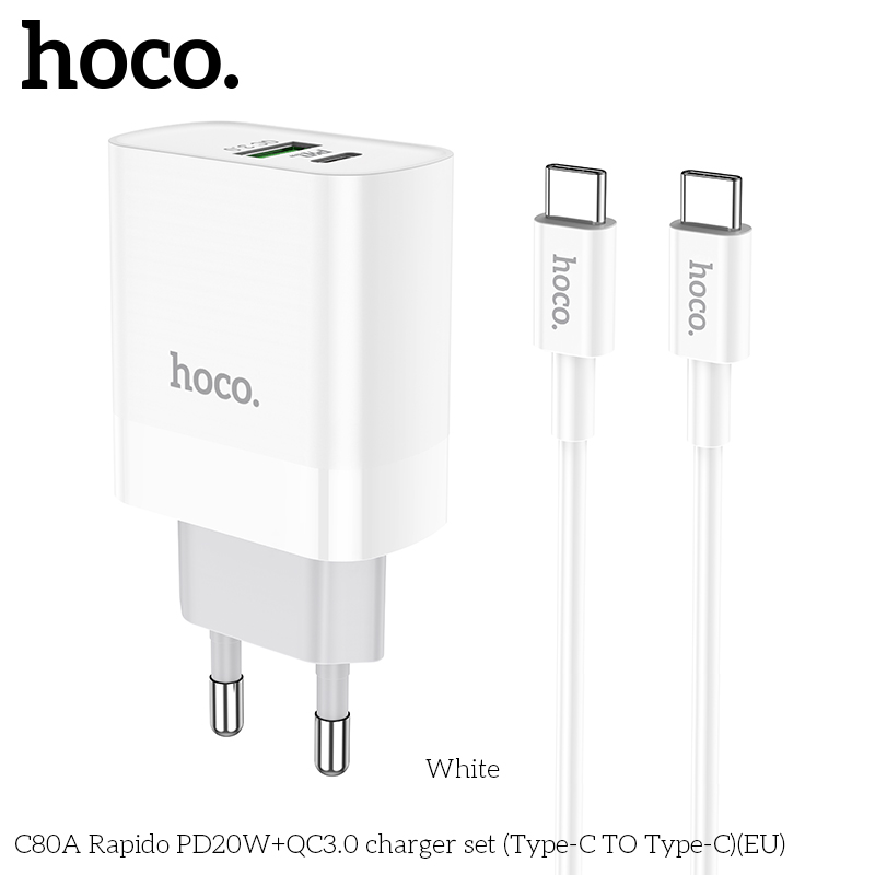 Сетевой адаптер HOCO C80A PD20W + QC3.0 с кабелем Type-C to Type-C белый