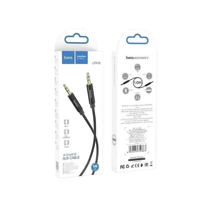 Кабель AUX джек 3,5 выход/3,5 выход HOCO UPA19 (100см), нейлон, черный