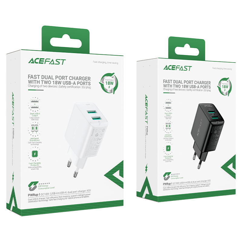 Сетевой адаптер ACEFAST A33 QC18W 2*USB charger, белый