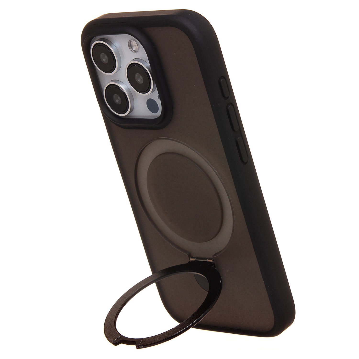 Чехол силиконовый MagSafe iPhone 15 Pro, с кольцом подставкой, черный