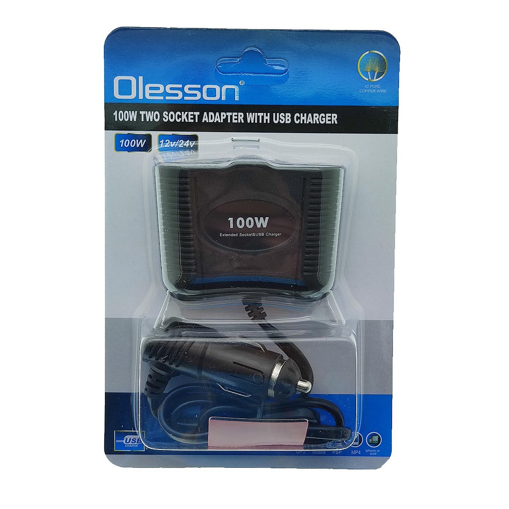 Разветвитель розетки автоприкуривателя OLESSON 1645 (2 гнезда, 1 USB, 100W) на проводе, черный