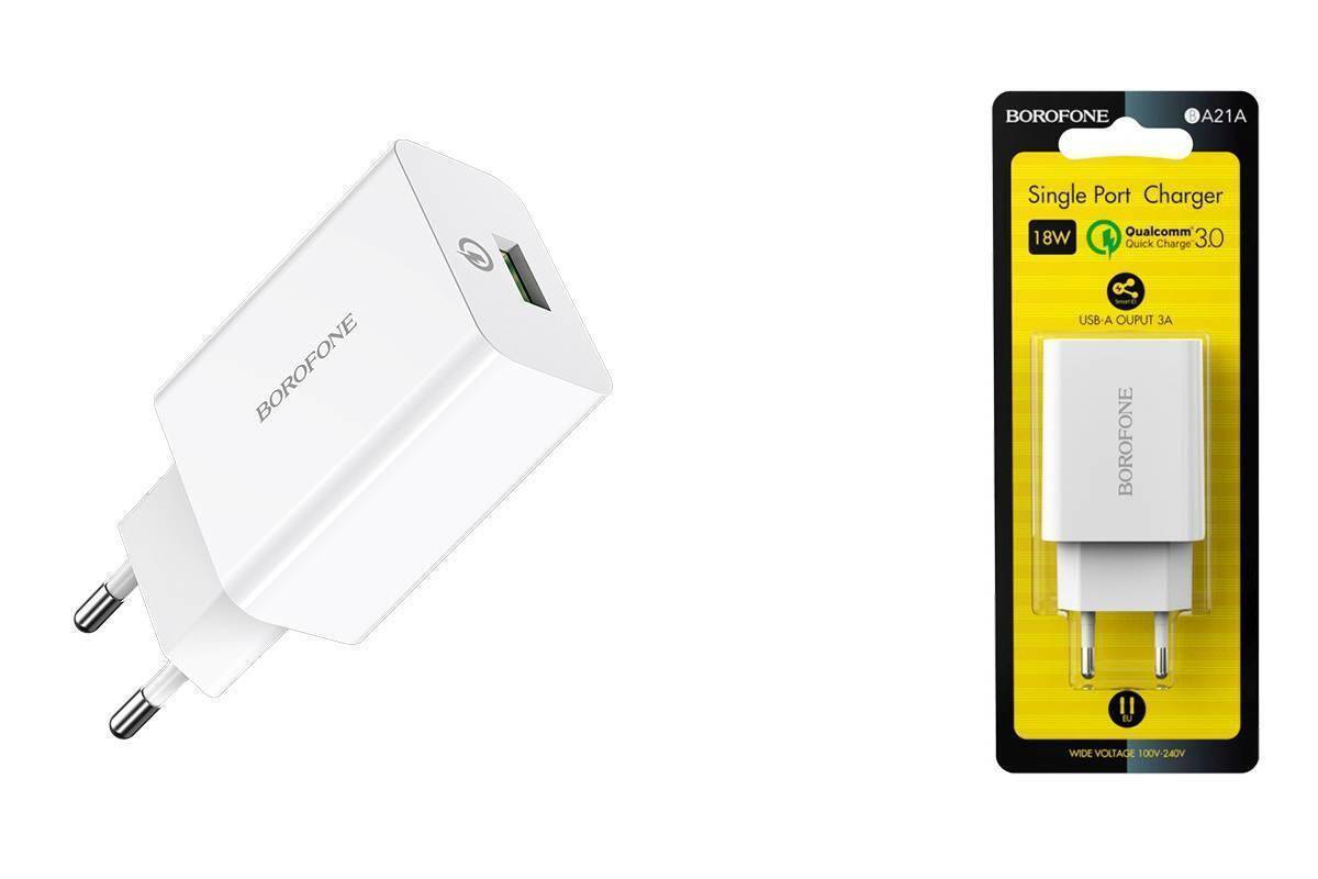 Сетевой адаптер BOROFONE BA21A Long QC3.0 18W (1 USB, 3.0A), белый.