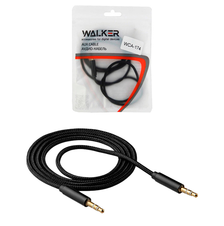 Кабель аудио AUX 3,5 WALKER A-A WCA-174 в тканевой обмотке (100см), черный