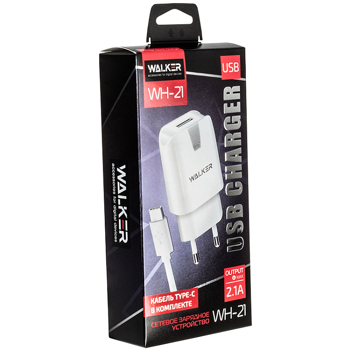 Сетевой адаптер WALKER 2в1 WH-21, 2.1А, 10,5Вт, USB, с кабелем Type-C, белое