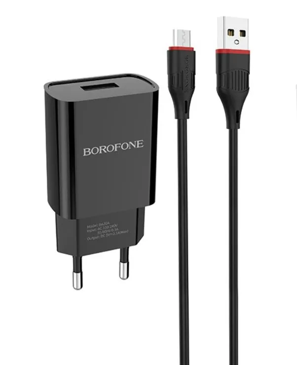 Сетевой адаптер BOROFONE BA20A (1 USB, 2.1A) с кабелем Micro, черный
