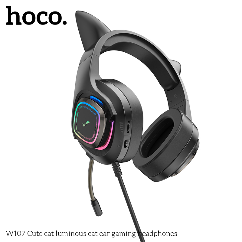 Проводные внешние наушники HOCO W107 Cute cat luminous cat ear gaming headphones, призрачный кот
