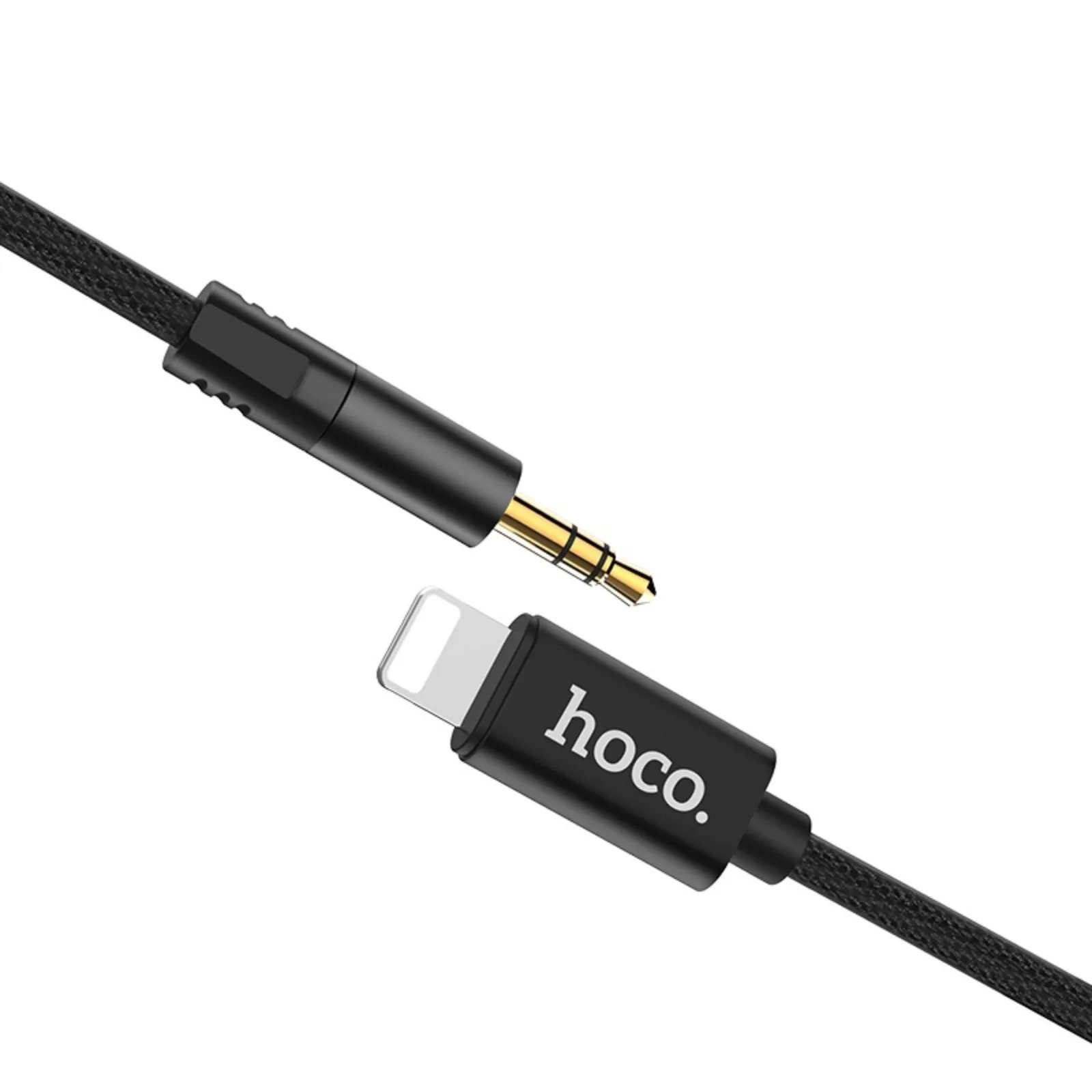 Кабель AUX джек 3,5 вход - Lightning HOCO UPA19 (100см), тканевая оплетка, черный