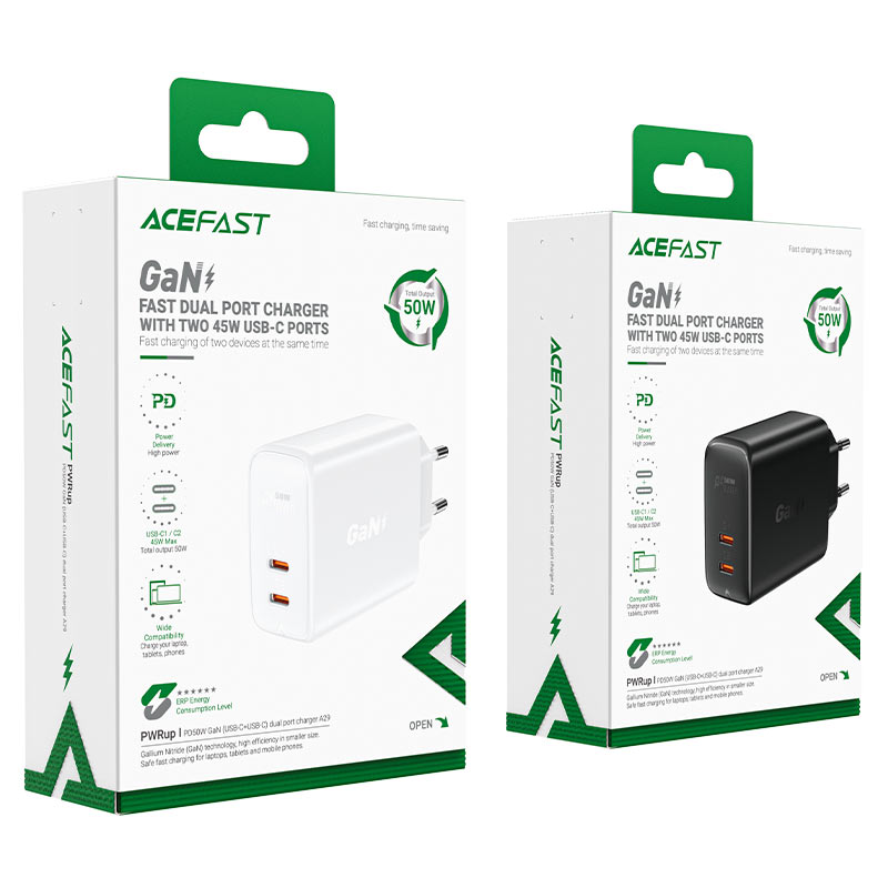 Сетевой адаптер ACEFAST A29 PD50W GAN 2*USB-C charger, белый