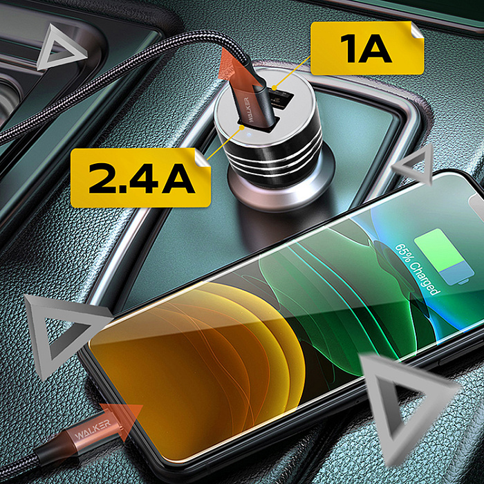 Автомобильный адаптер WALKER WCR-21, 2,4А, 12W, 2USB (1000+2400), черный