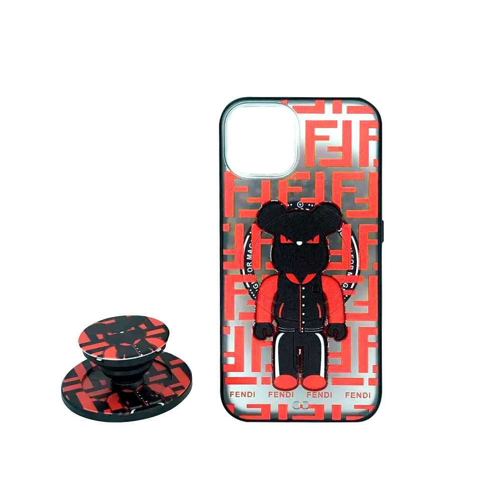 Чехол пластиковый с MagSafe и попсокетом для iPhone 13, Черный медведь