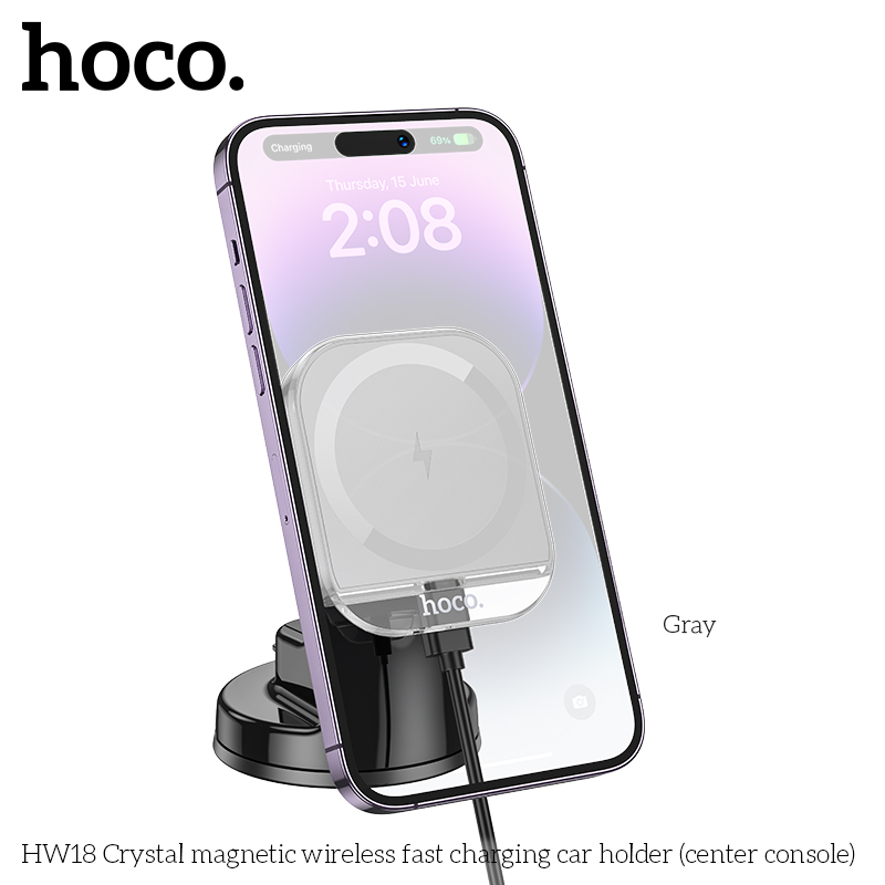 Держатель автомобильный с беспроводной зарядкой HOCO HW18 Cryatal magnetic wireless, белый