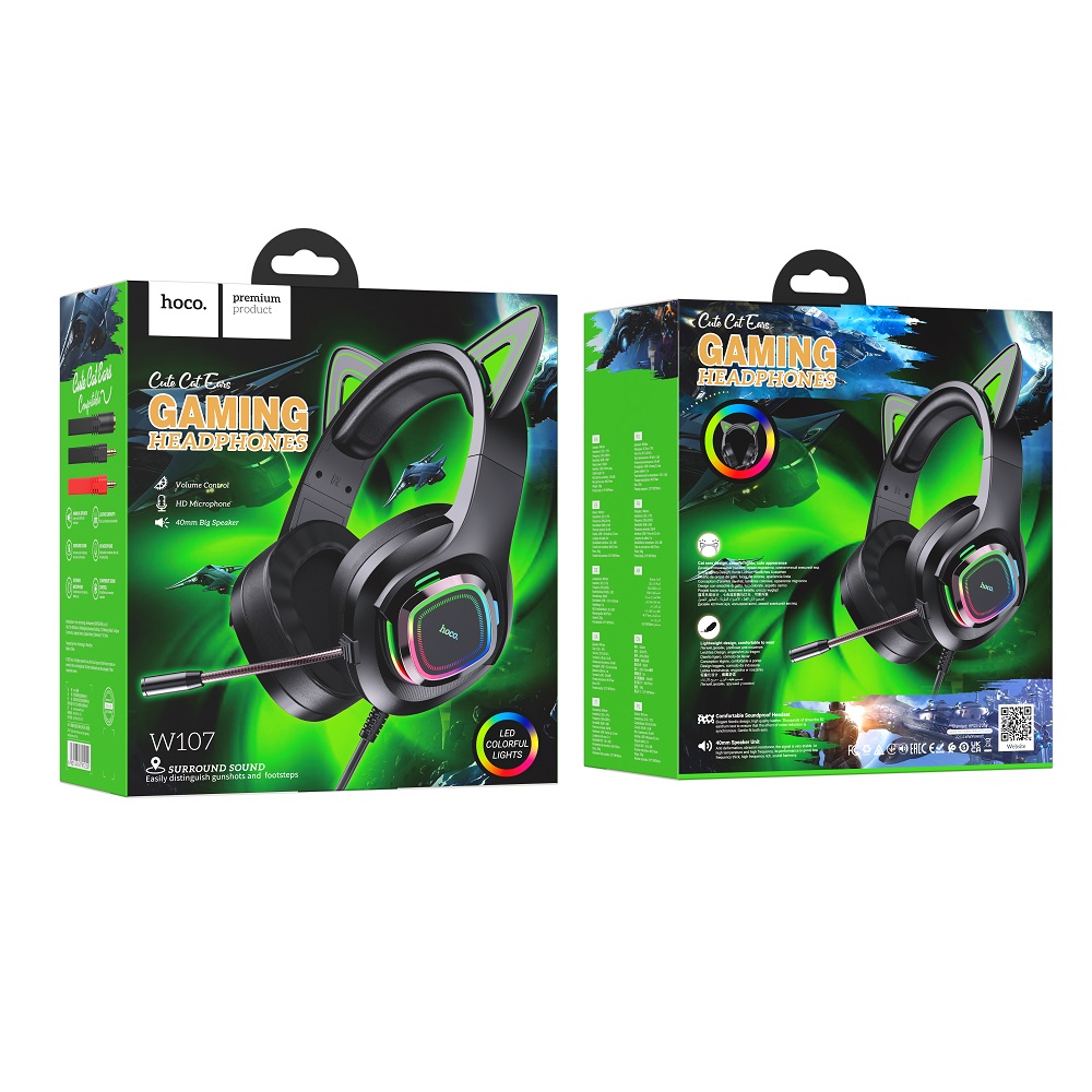 Проводные внешние наушники HOCO W107 Cute cat luminous cat ear gaming headphones, призрачный кот