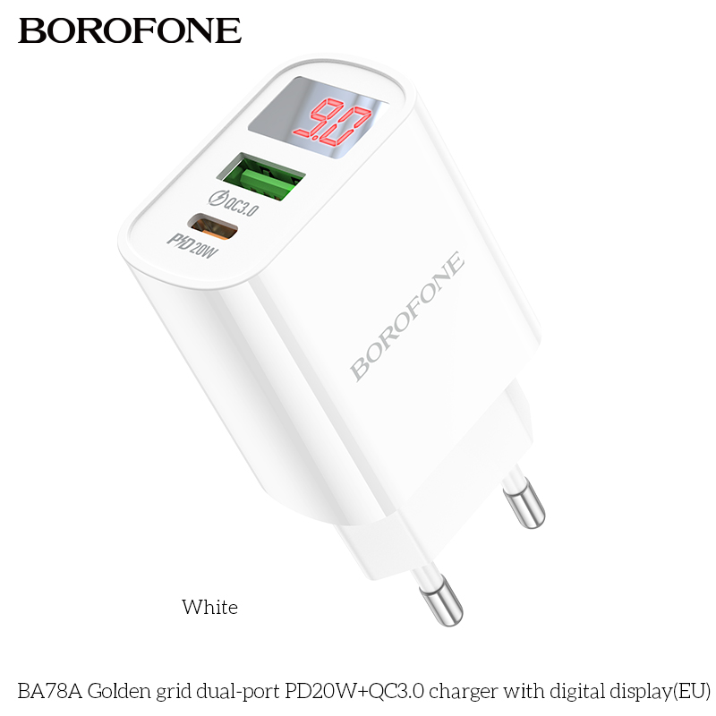 Сетевой адаптер BOROFONE BA78A Golden grid dual-port PD20W+QC3.0, белый