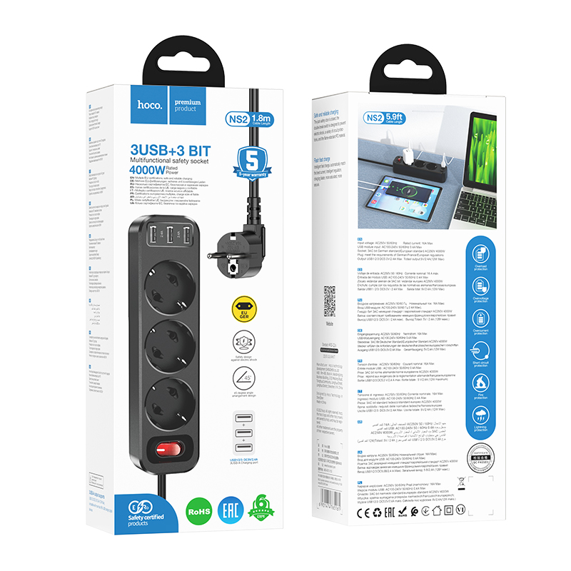 Сетевой фильтр HOCO NS2 (3гнезда + 3USB) 1.8m, черный
