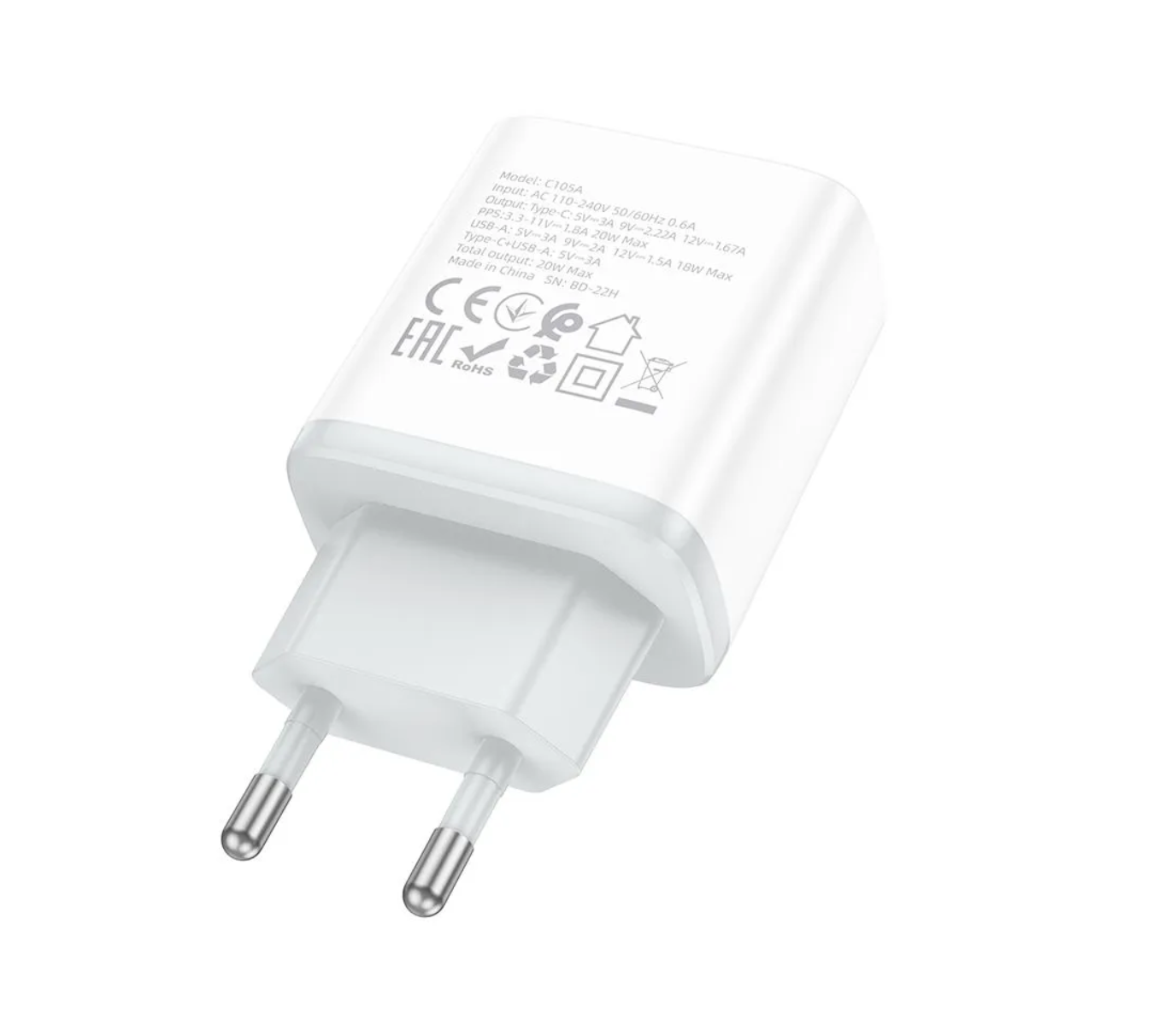 Сетевой адаптер HOCO C105A Stage dual port PD20W+QC3.0 charger, белый