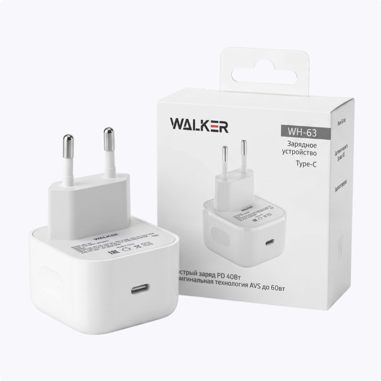 Сетевой адаптер WALKER WH-63, 4.5A, 40W-60W, USB-C, поддержка AVS/PPS/PD, белый